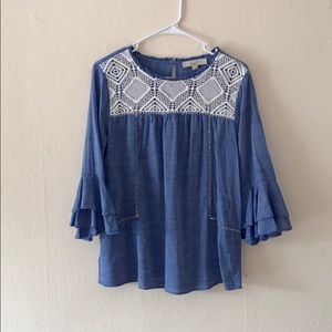 LOFT Faux Denim Blouse with Bell Sleeves and Lace